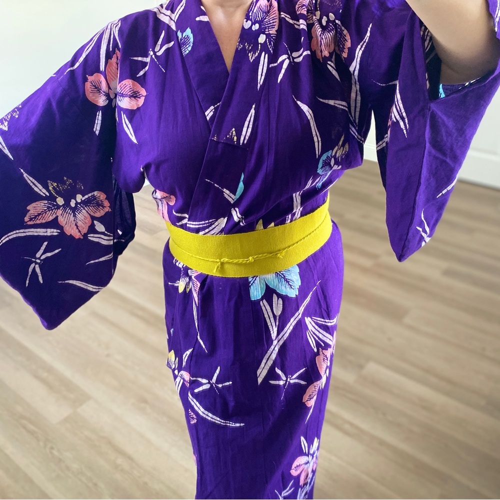 Authentic Traditional Purple Floral & Dragonfly Cotton Kimono Robe